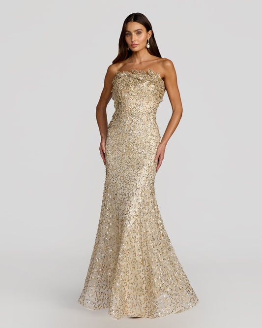 Mac Duggal Gold Strapless Mermaid Gown With 3D Floral Appliqué