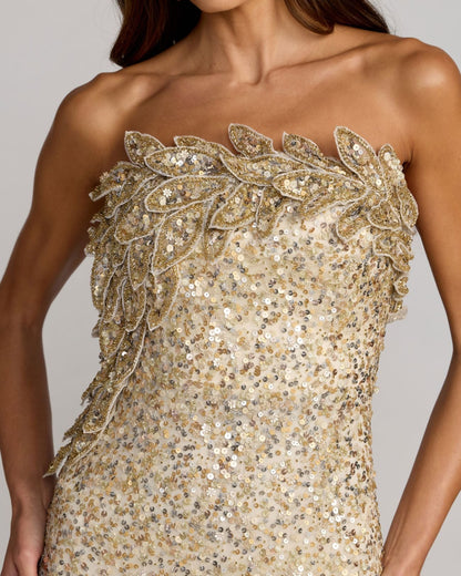 Mac Duggal Gold Strapless Mermaid Gown With 3D Floral Appliqué