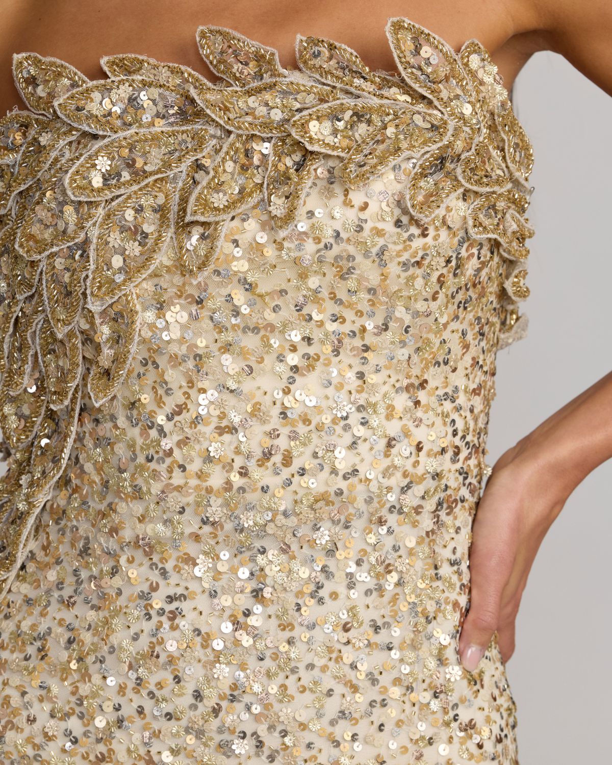 Mac Duggal Gold Strapless Mermaid Gown With 3D Floral Appliqué