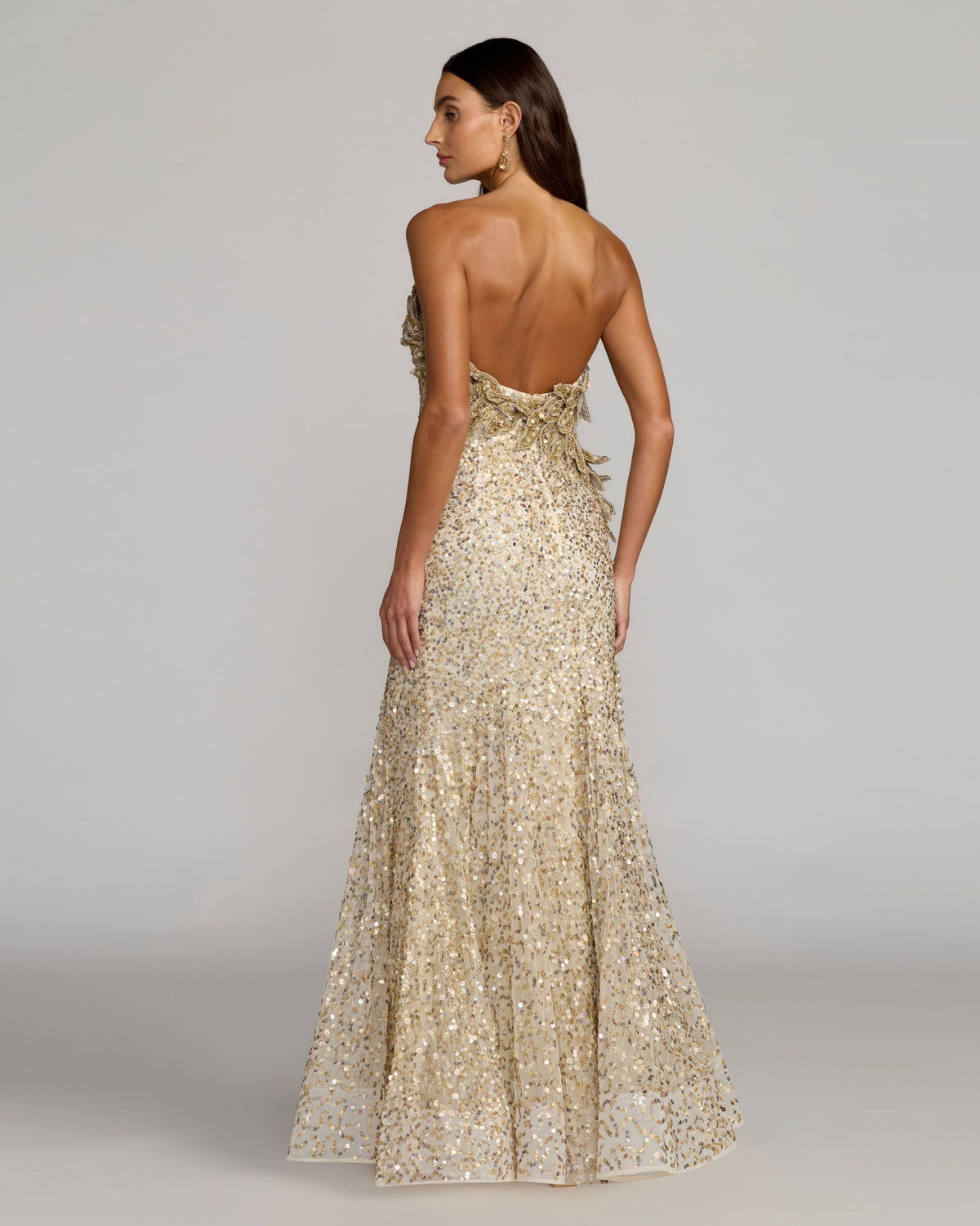 Mac Duggal Gold Strapless Mermaid Gown With 3D Floral Appliqué