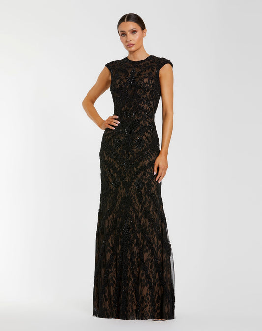 Mac Duggal Petite Black Embellished Lace Cap Sleeve Evening Gown