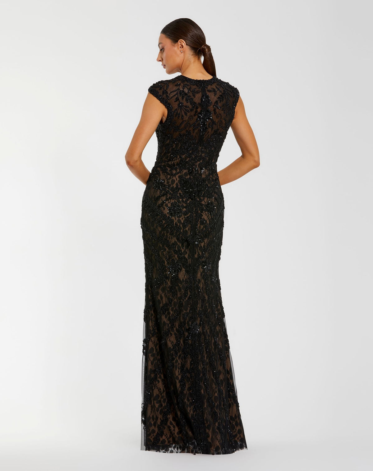 Mac Duggal Petite Black Embellished Lace Cap Sleeve Evening Gown