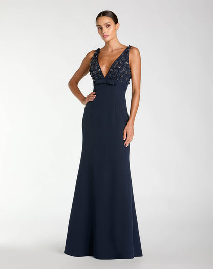 Mac Duggal Petite Navy Embellished Deep V-Neck Crepe Gown With Bow