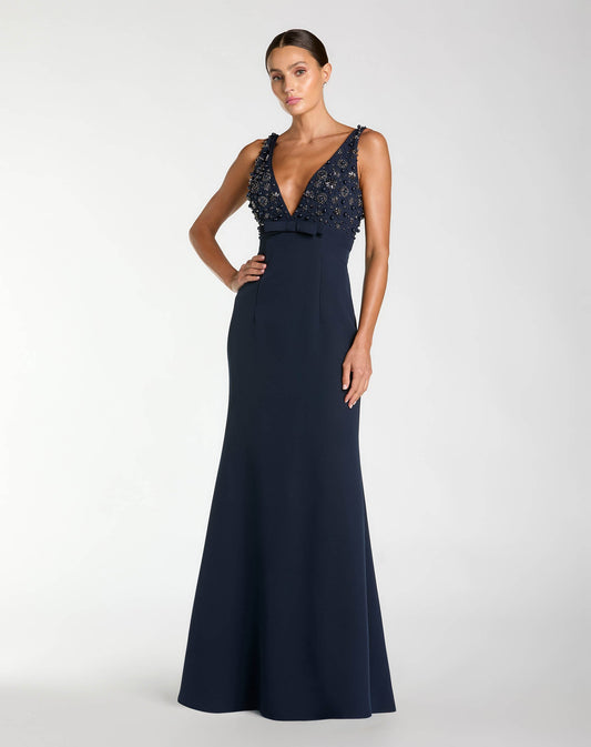 Mac Duggal Petite Navy Embellished Deep V-Neck Crepe Gown With Bow