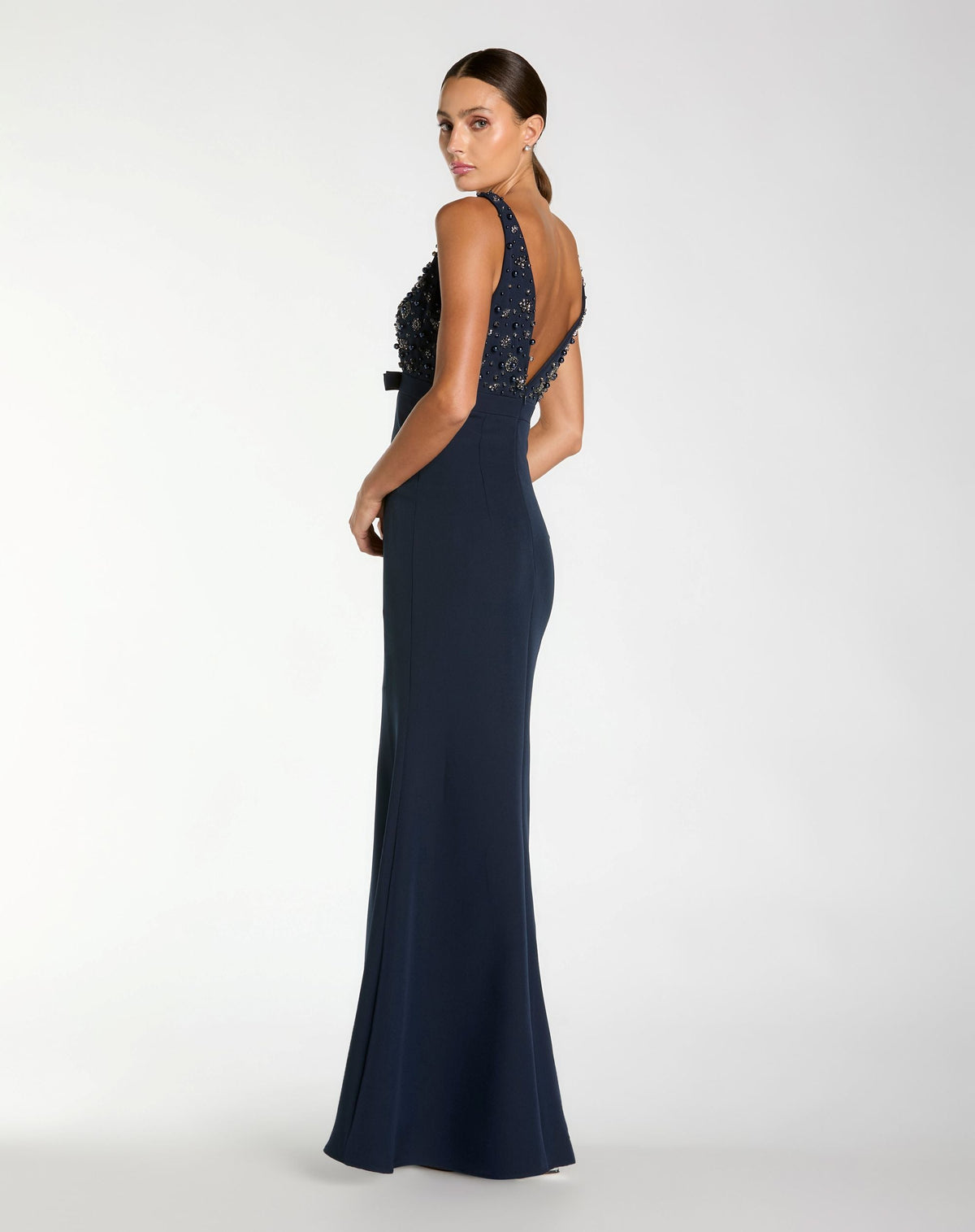 Mac Duggal Petite Navy Embellished Deep V-Neck Crepe Gown With Bow