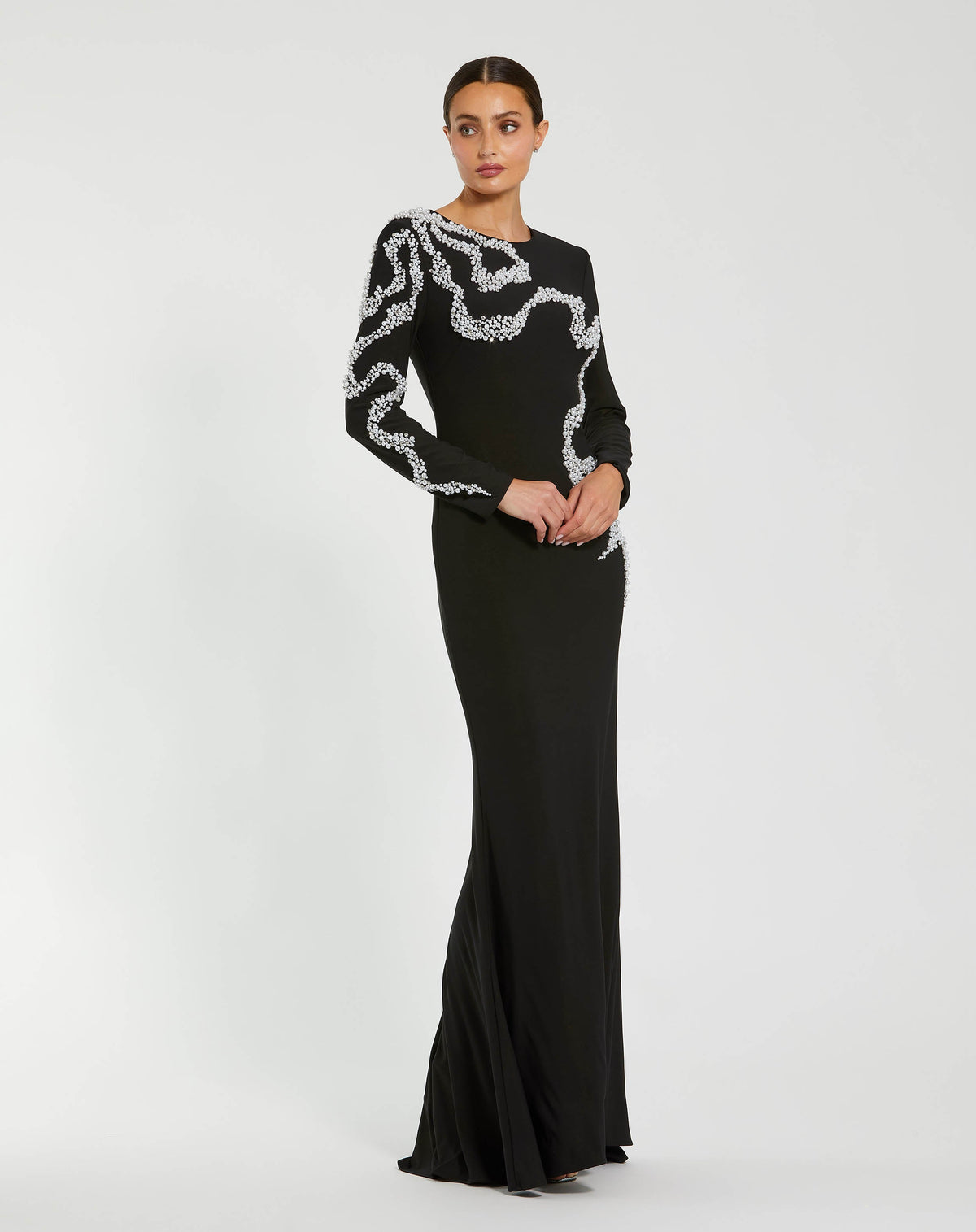 Mac Duggal Petite Black Jersey Evening Gown With Beaded Swirl Detail