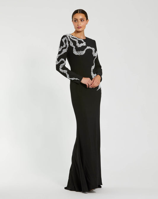 Mac Duggal Petite Black Jersey Evening Gown With Beaded Swirl Detail
