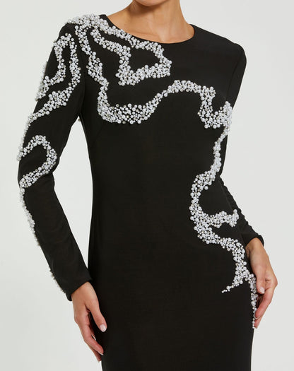 Mac Duggal Petite Black Jersey Evening Gown With Beaded Swirl Detail