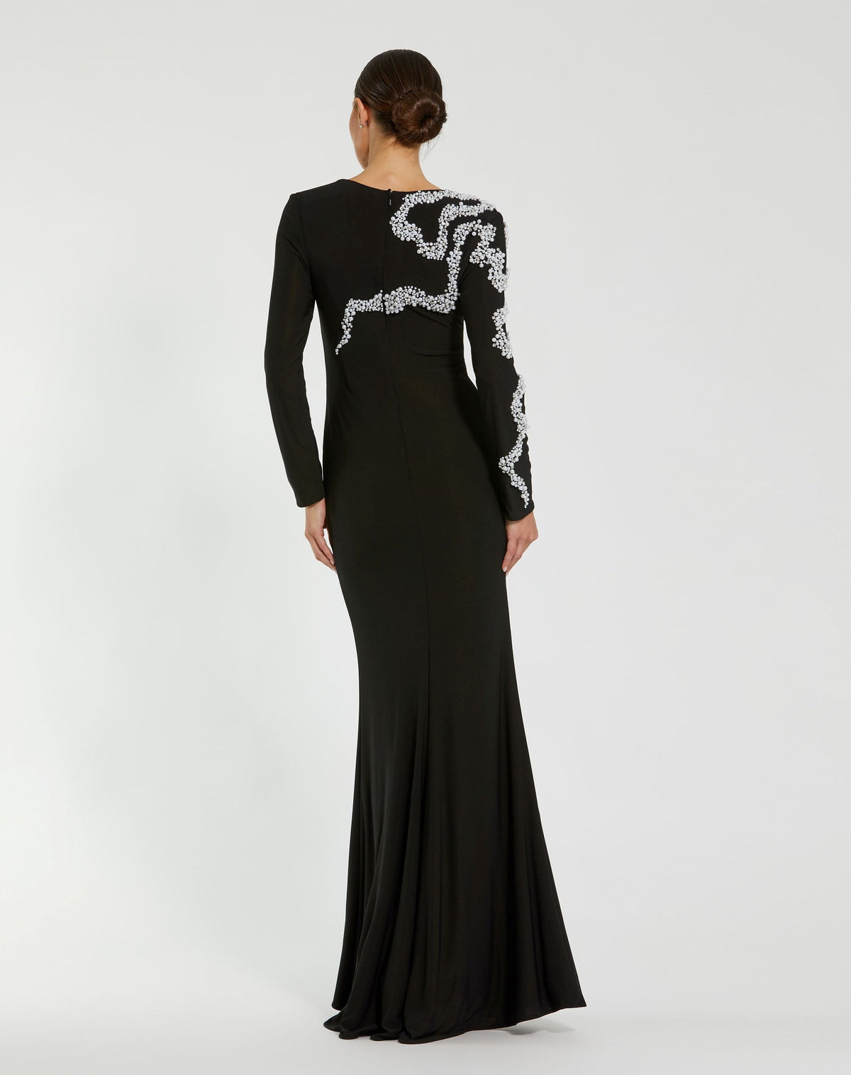 Mac Duggal Petite Black Jersey Evening Gown With Beaded Swirl Detail