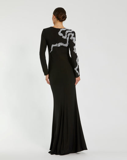Mac Duggal Petite Black Jersey Evening Gown With Beaded Swirl Detail