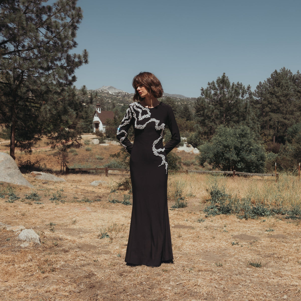 Mac Duggal Petite Black Jersey Evening Gown With Beaded Swirl Detail