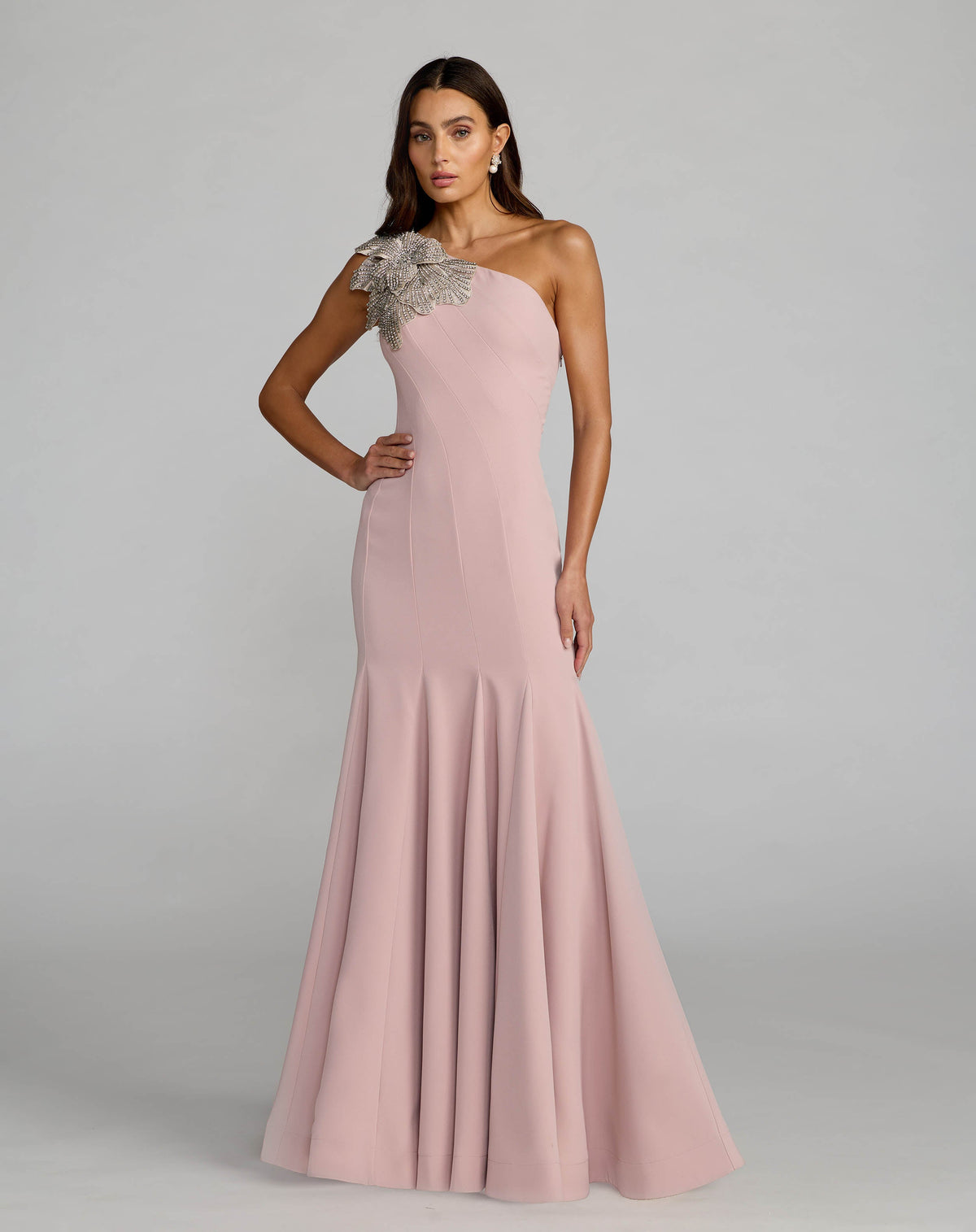 Mac Duggal Petite Petite Rose One Shoulder Trumpet Gown With Crystal Flower