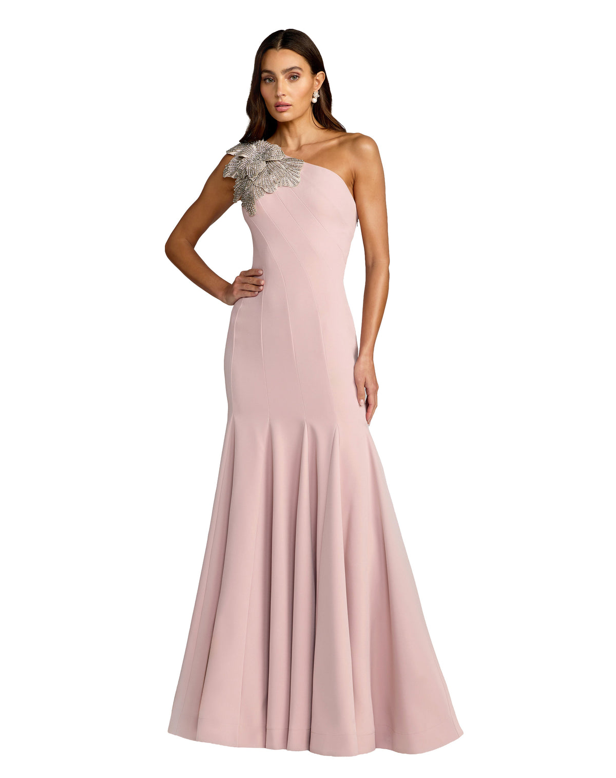 Mac Duggal Petite Petite Rose One Shoulder Trumpet Gown With Crystal Flower