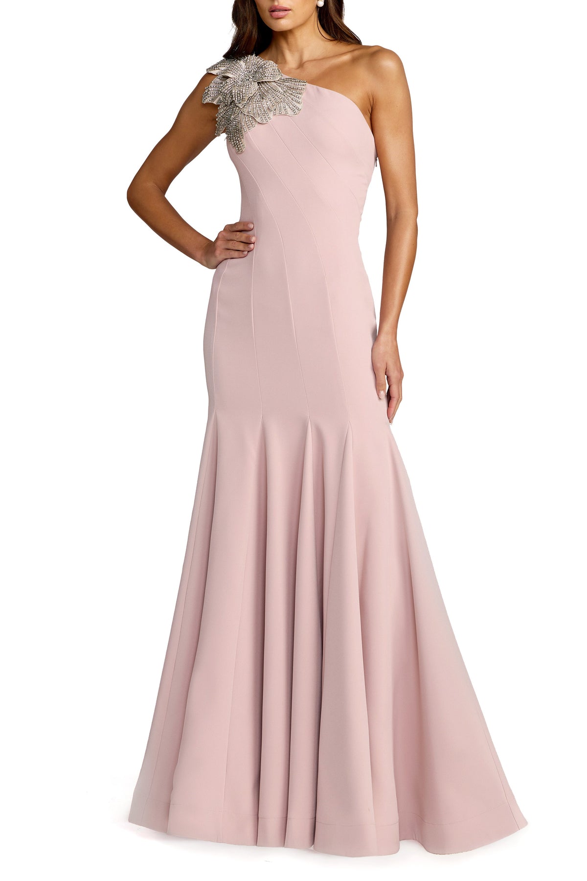 Mac Duggal Petite Petite Rose One Shoulder Trumpet Gown With Crystal Flower