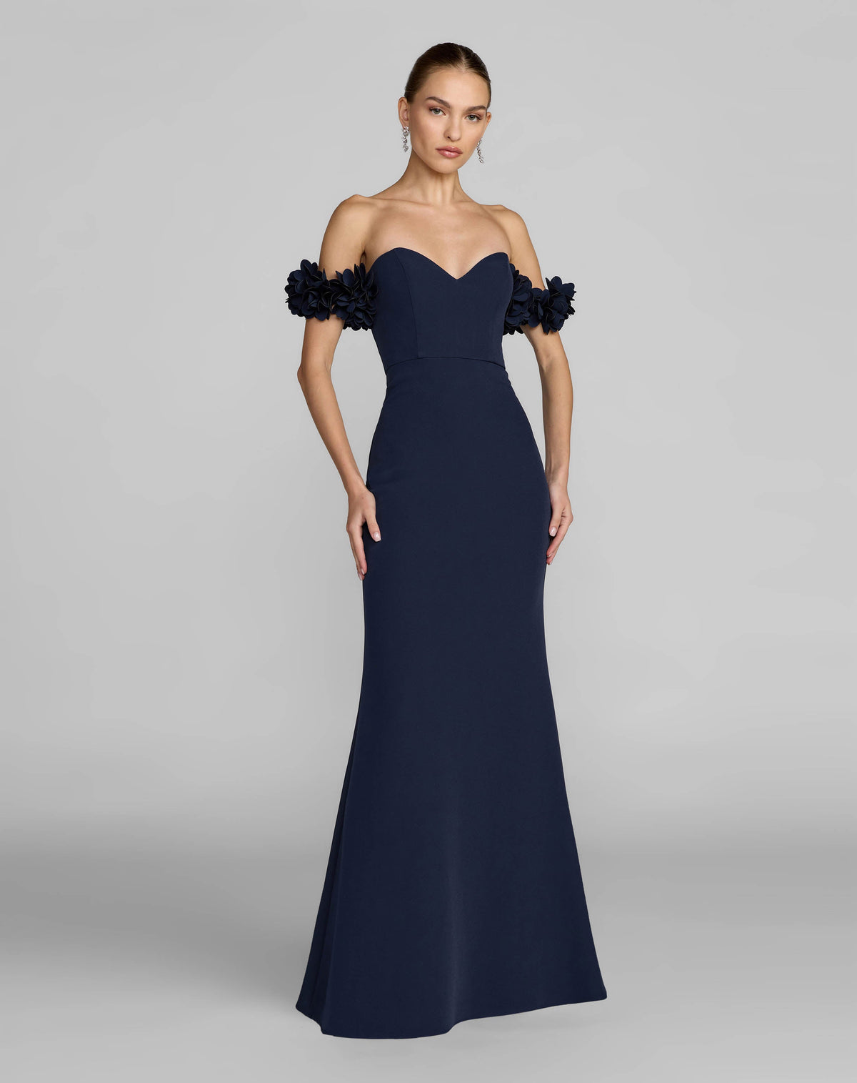 Mac Duggal Petite Navy Crepe Off The Shoulder Gown With 3D Flowers