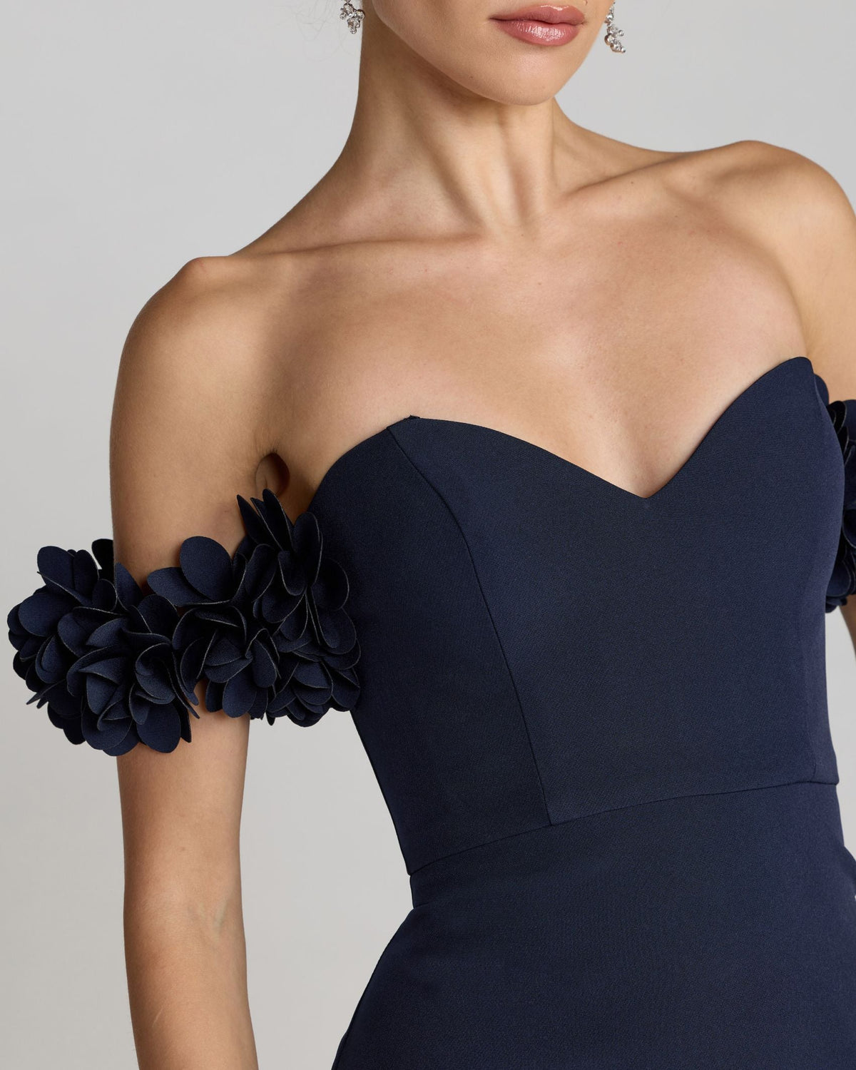 Mac Duggal Petite Navy Crepe Off The Shoulder Gown With 3D Flowers