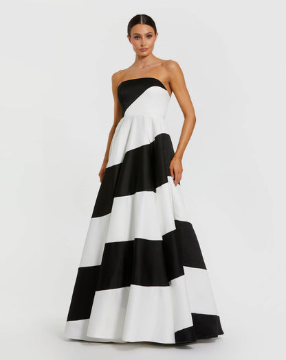 Mac Duggal Petite Black and White Striped Satin Strapless Ball Gown