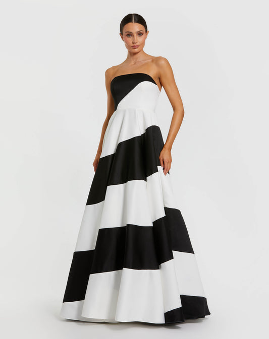 Mac Duggal Petite Black and White Striped Satin Strapless Ball Gown