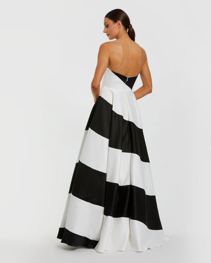 Mac Duggal Petite Black and White Striped Satin Strapless Ball Gown
