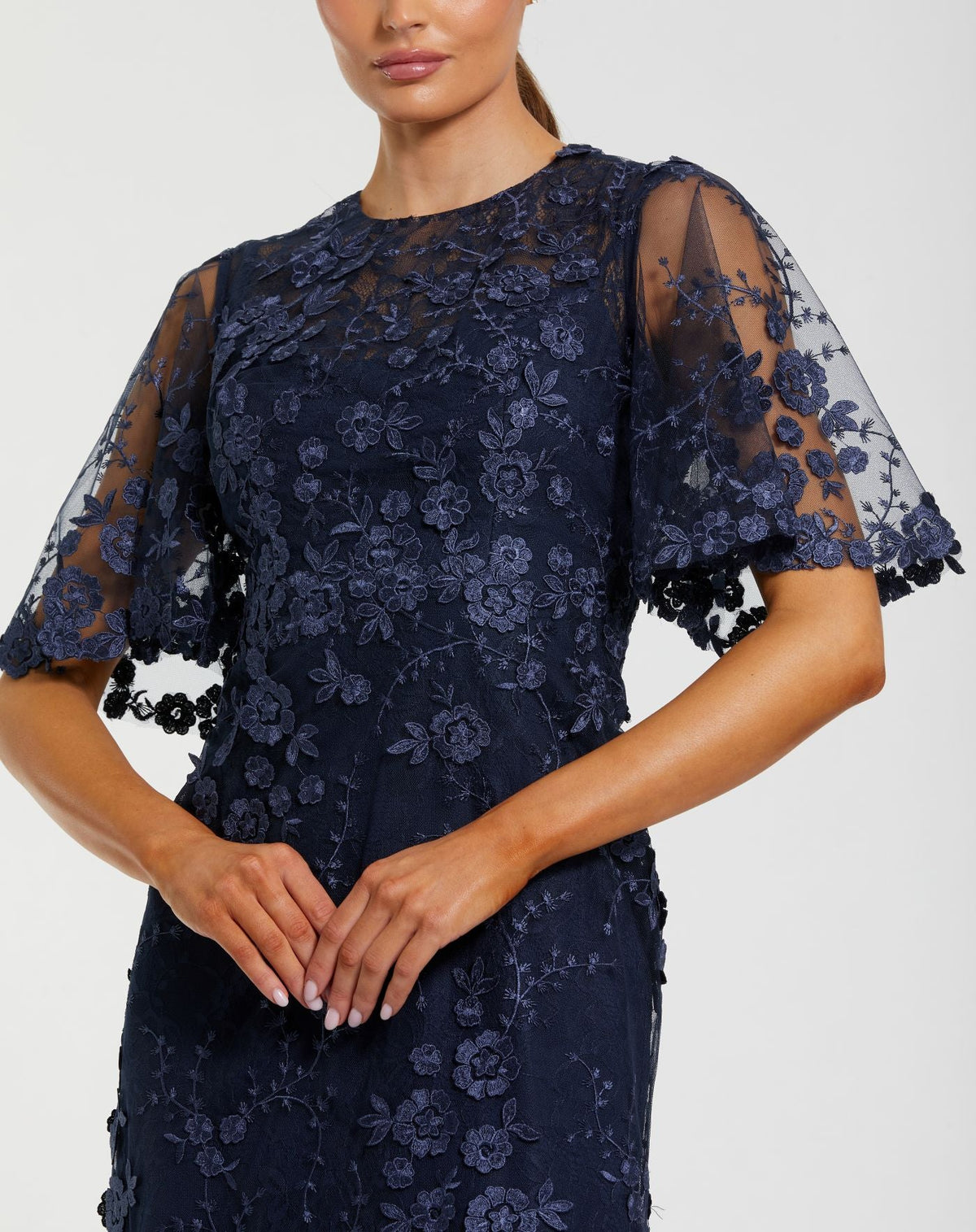 Mac Duggal Petite Navy Flutter Sleeve Floral Embroidered Net Gown