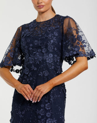 Mac Duggal Petite Navy Flutter Sleeve Floral Embroidered Net Gown
