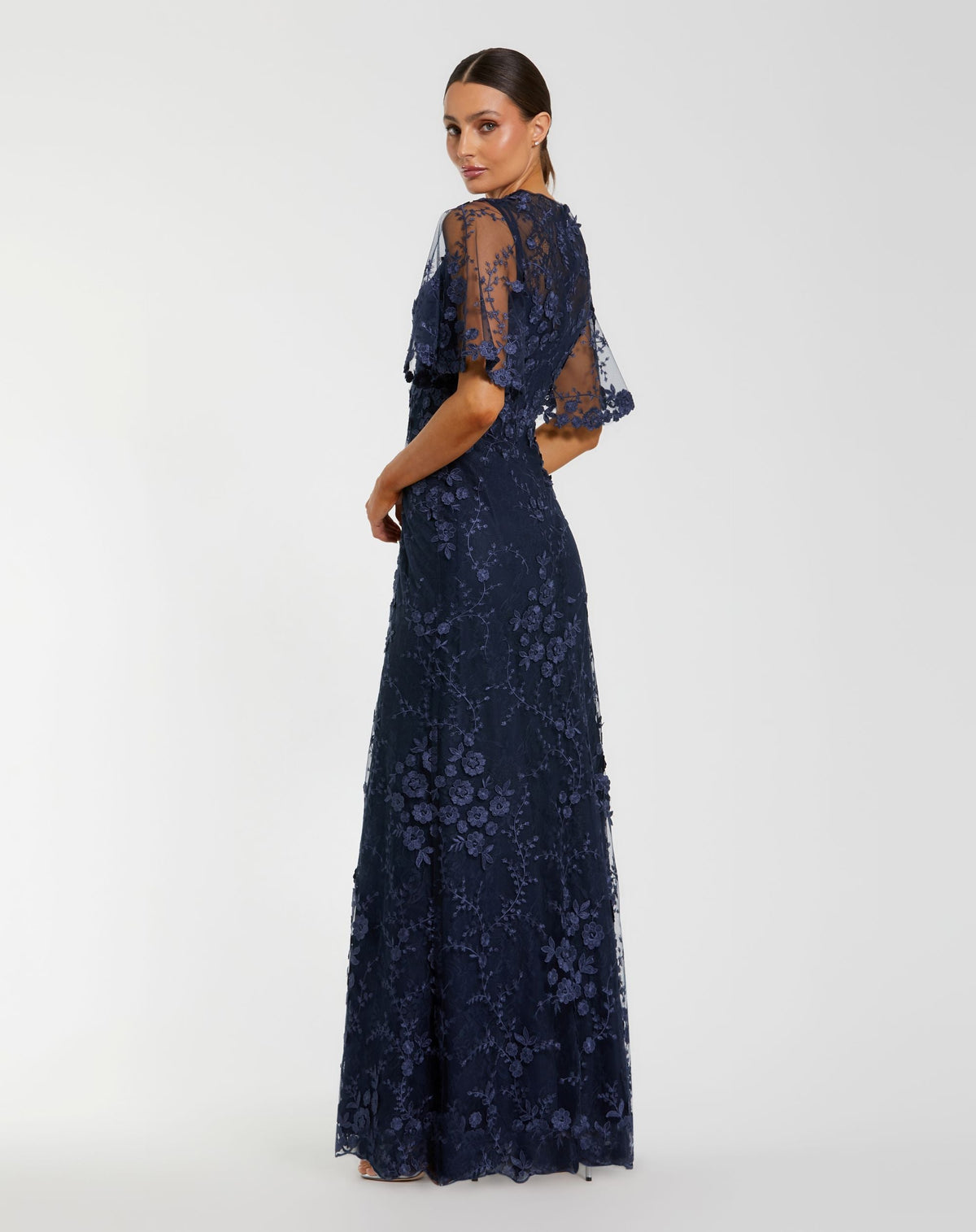 Mac Duggal Petite Navy Flutter Sleeve Floral Embroidered Net Gown