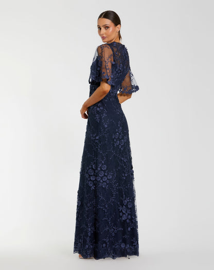 Mac Duggal Petite Navy Flutter Sleeve Floral Embroidered Net Gown