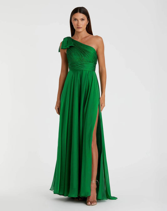 Mac Duggal Petite Green Sleeveless One Shoulder Pleated Gown