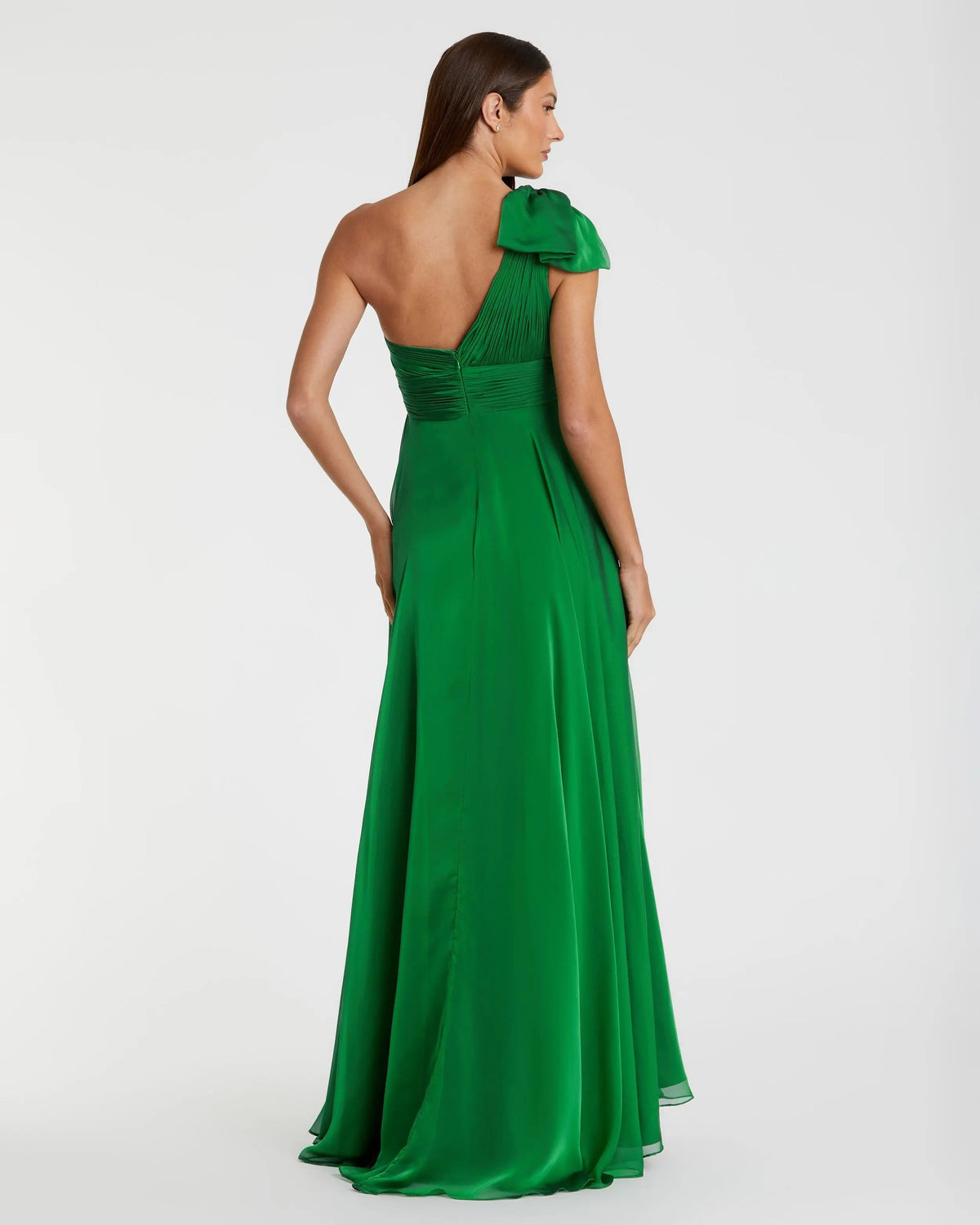 Mac Duggal Petite Green Sleeveless One Shoulder Pleated Gown