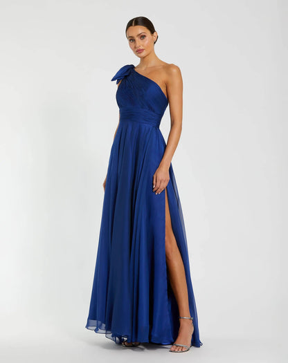 Mac Duggal Petite Blue Sleeveless One Shoulder Pleated Gown