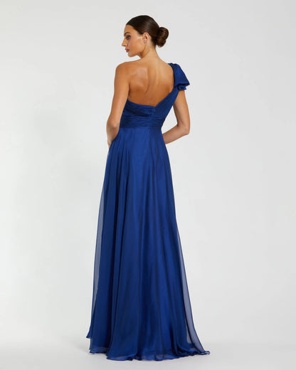 Mac Duggal Petite Blue Sleeveless One Shoulder Pleated Gown