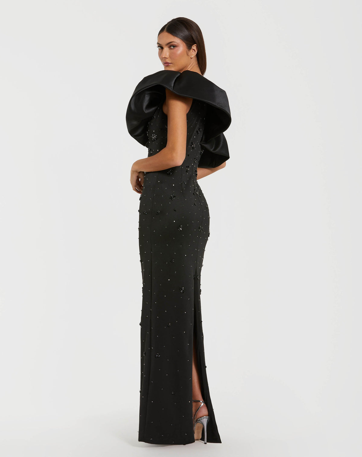 Mac Duggal Black Beaded Crepe One Shoulder Gown With Satin Ruffle