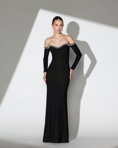 Mac Duggal Black Long Sleeve Off The Shoulder Mermaid Gown