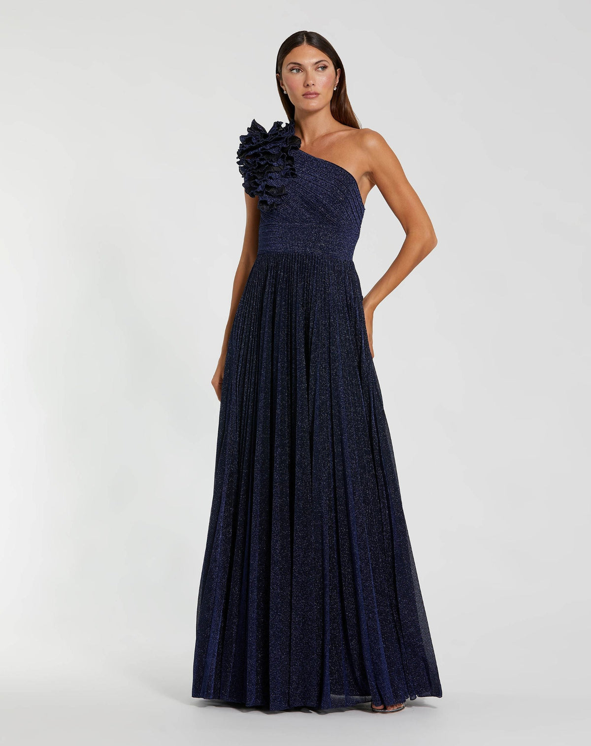 Mac Duggal Navy Pleated One-Shoulder Ruffle Gown