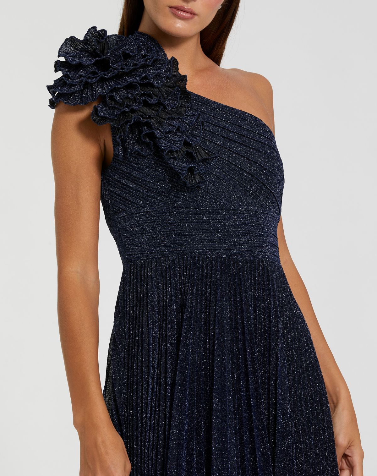 Mac Duggal Navy Pleated One-Shoulder Ruffle Gown