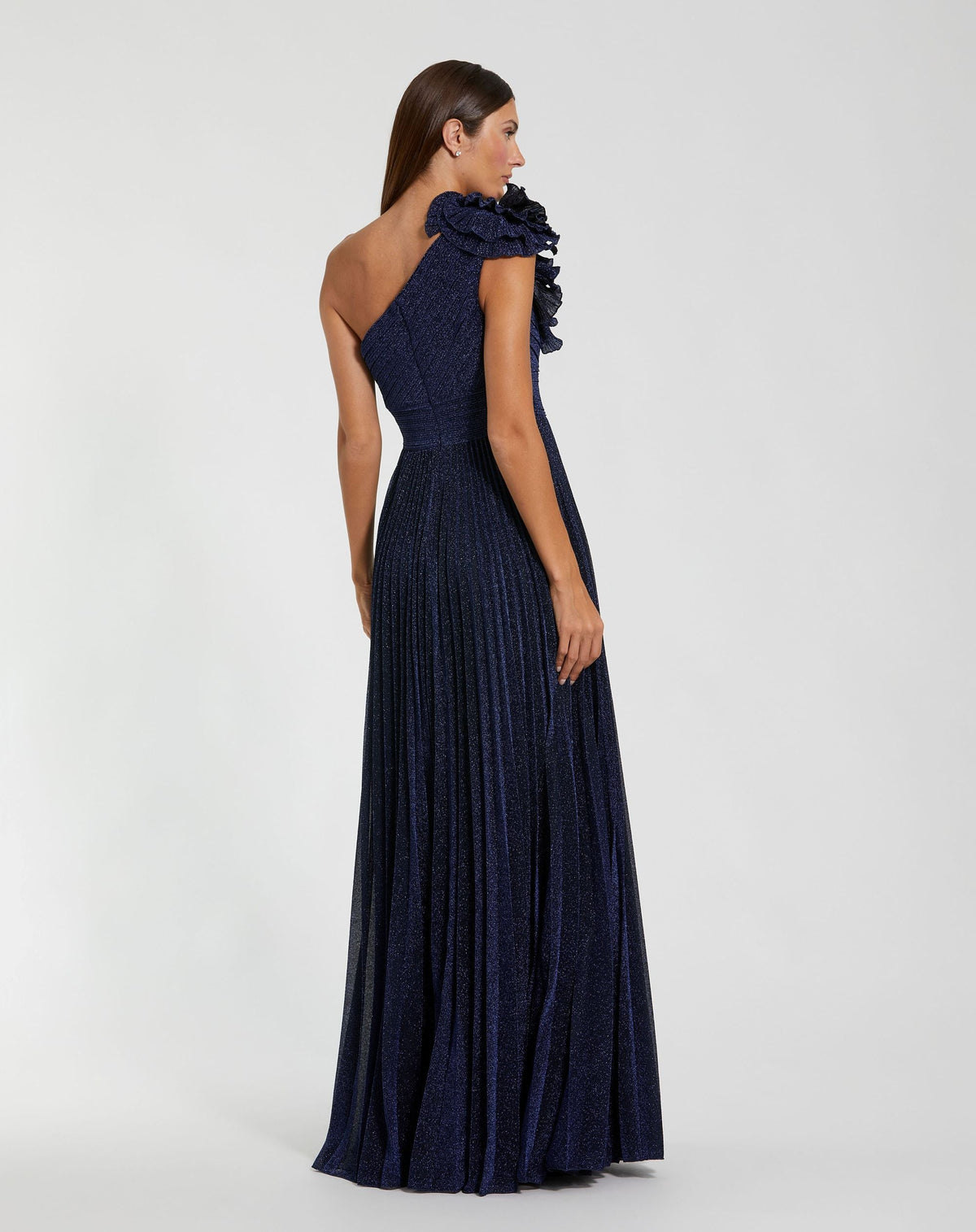 Mac Duggal Navy Pleated One-Shoulder Ruffle Gown