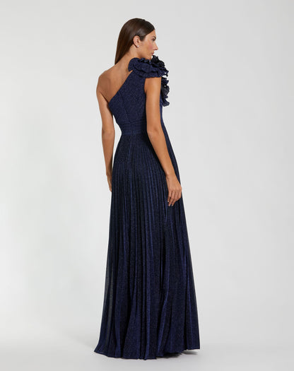 Mac Duggal Navy Pleated One-Shoulder Ruffle Gown