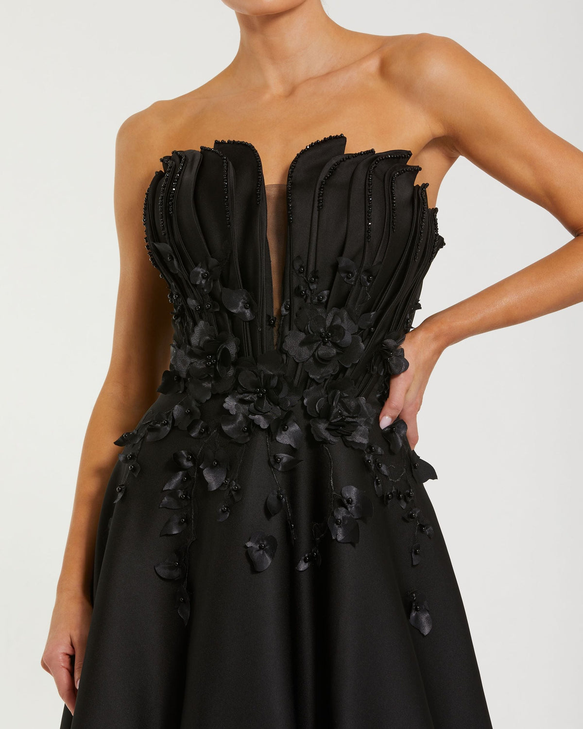 Mac Duggal Petite Black Strapless Satin Floral Embellished Ball Gown Duggal