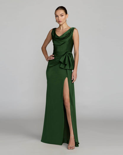 Mac Duggal Green Draped Cowl Neck Gown With Side Slit