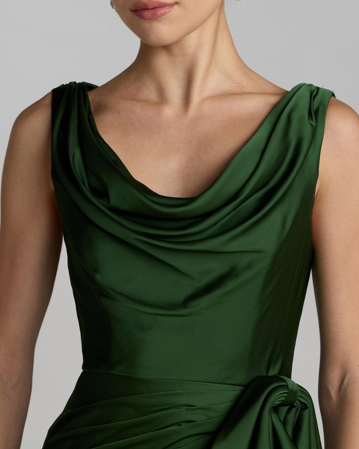 Mac Duggal Green Draped Cowl Neck Gown With Side Slit