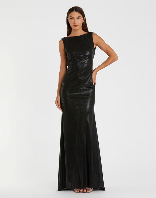 Mac Duggal Petite Black Metallic Jersey Cowl Back Column Gown
