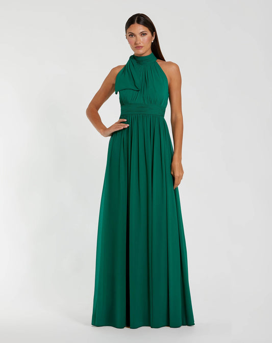 Mac Duggal Petite Green A Line Gown with High Neckline