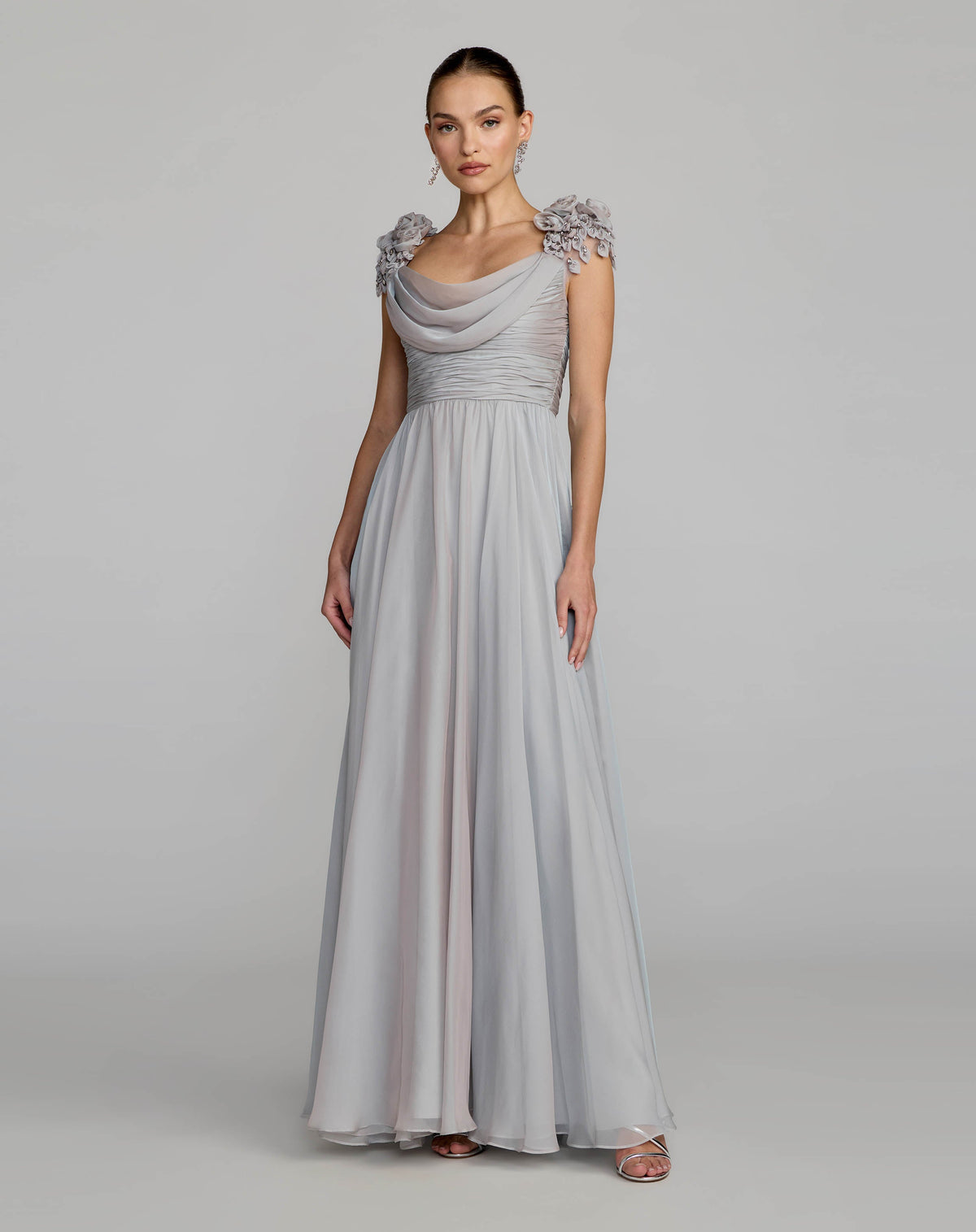 Mac Duggal Gray Chiffon Cowl Neck Embellished Cap Sleeve Gown