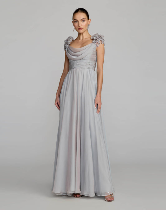 Mac Duggal Gray Chiffon Cowl Neck Embellished Cap Sleeve Gown