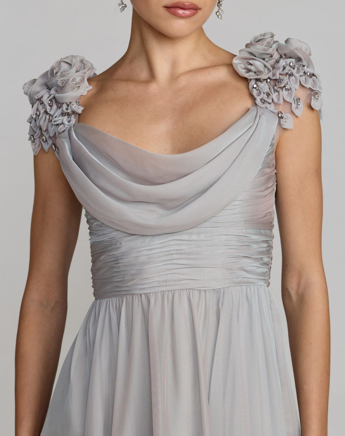 Mac Duggal Gray Chiffon Cowl Neck Embellished Cap Sleeve Gown