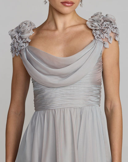 Mac Duggal Gray Chiffon Cowl Neck Embellished Cap Sleeve Gown