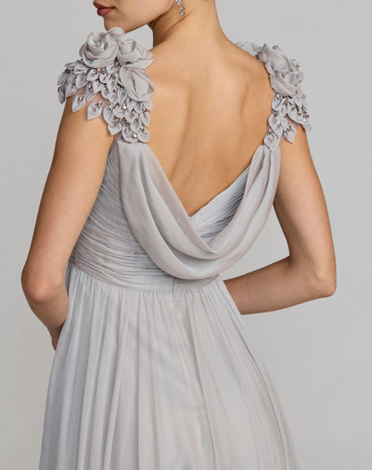 Mac Duggal Gray Chiffon Cowl Neck Embellished Cap Sleeve Gown