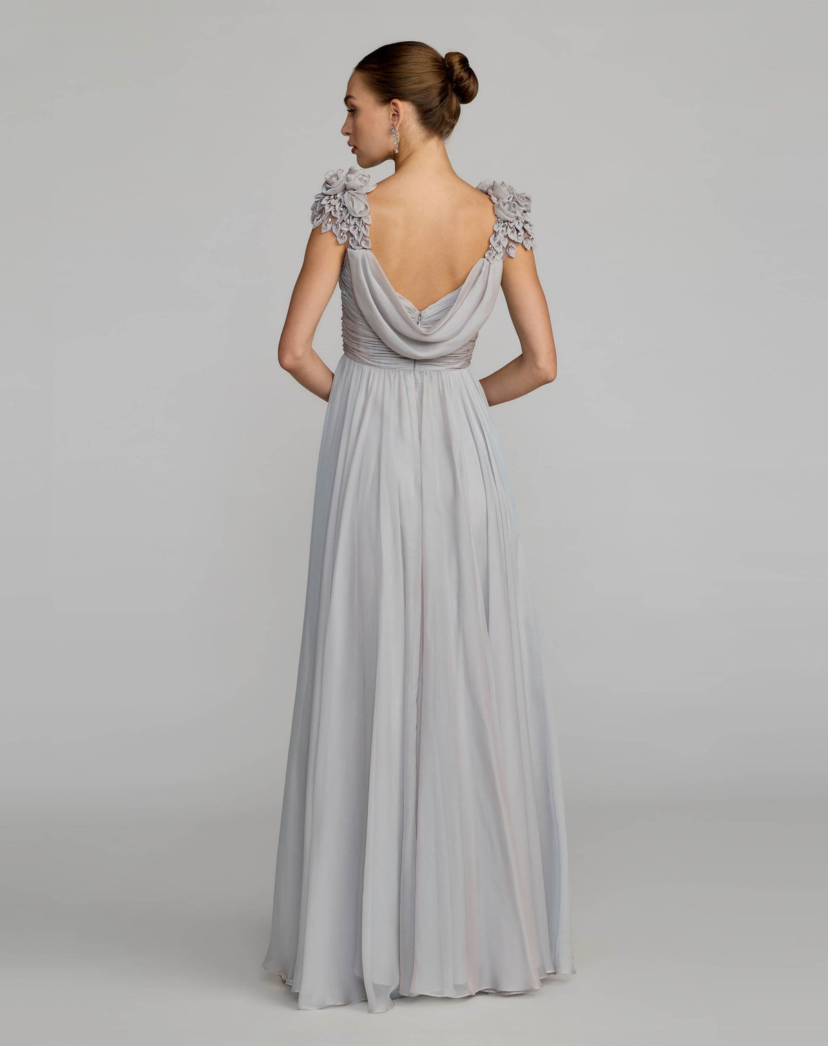 Mac Duggal Gray Chiffon Cowl Neck Embellished Cap Sleeve Gown