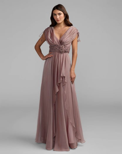 Mac Duggal Purple Crystal Floral Waist Chiffon Gown