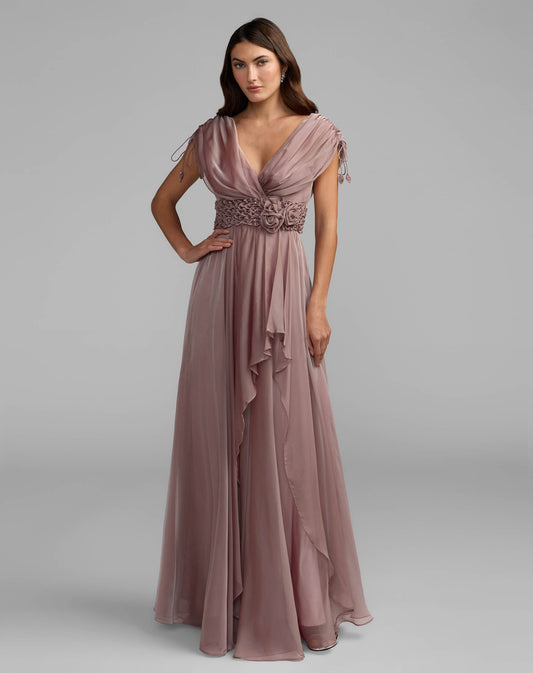 Mac Duggal Purple Crystal Floral Waist Chiffon Gown